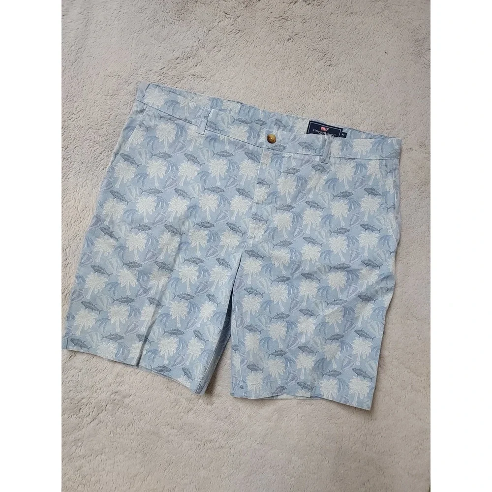 Vineyard Vines Breaker Short Mens 40 Palm Tree Fish Print Blue Preppy STARCHED